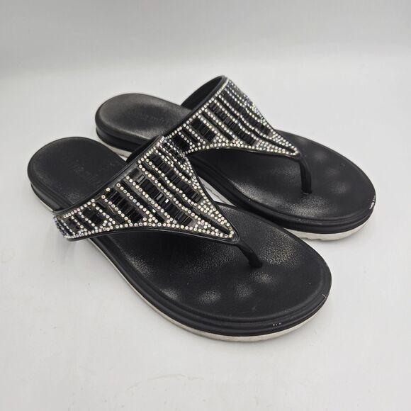 Olivia Miller Flip Flops Black Rhinestone Sandals Womens US 7 Thong Sparkle Glam - Picture 1 of 8